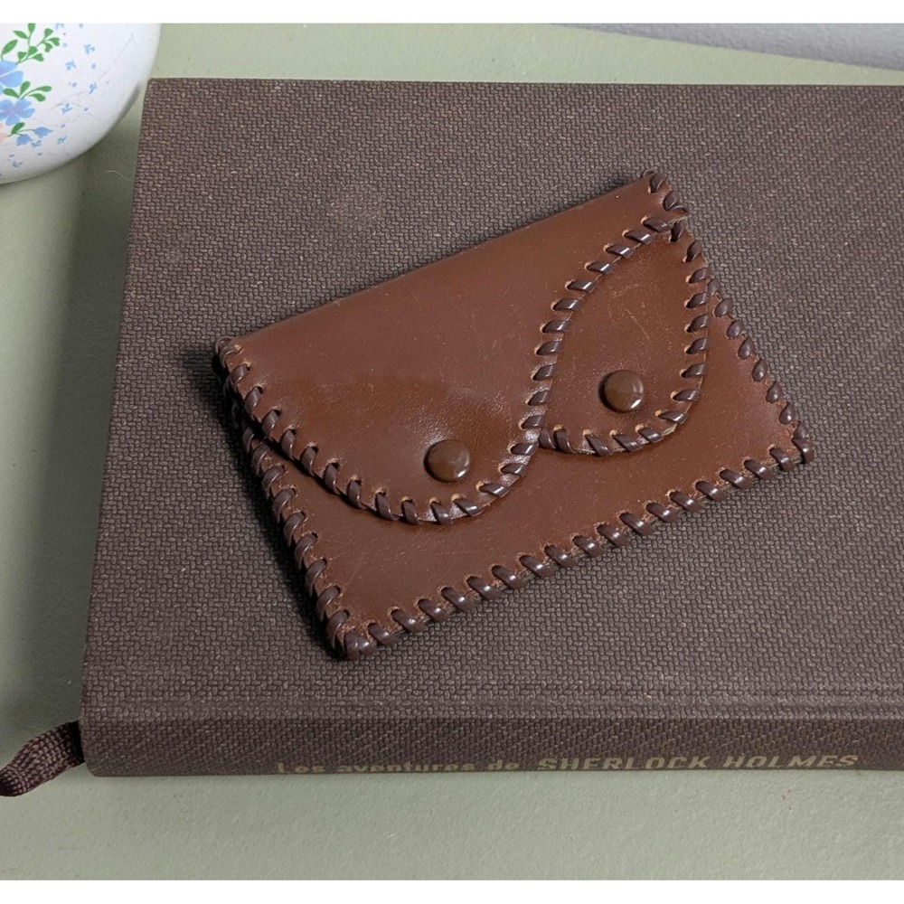 Vintage Brown Leather Coin Purse Hand Laced Double Snap Wallet